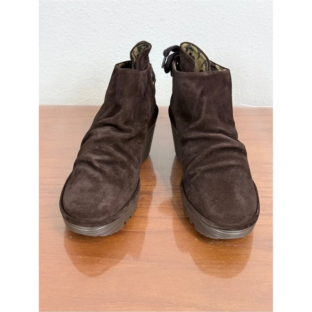 Fly London Yama Dark Brown Suede Wedge Ankle Booties with Back Tie 38